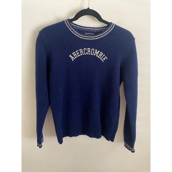Vintage Abercrombie & Fitch 100% Shetland Wool Navy Blue Logo Sweater Large - Picture 1 of 5